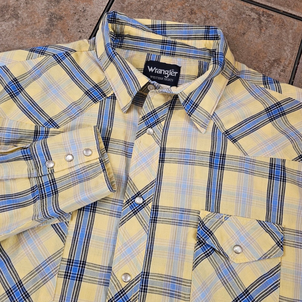 Wrangler Western‎ Shirts Pearl Snap Mens XXL Yellow Blue Plaid Long Sleeve